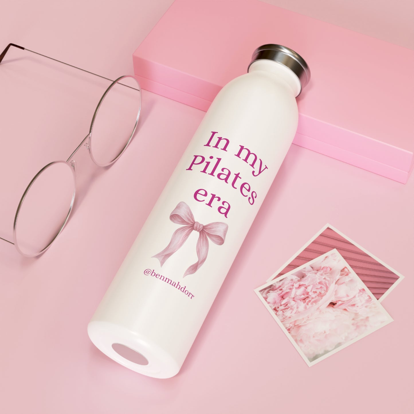 Slim Water Bottle — "In My Pilates Era" Pink Ribbon Motivational Bottle